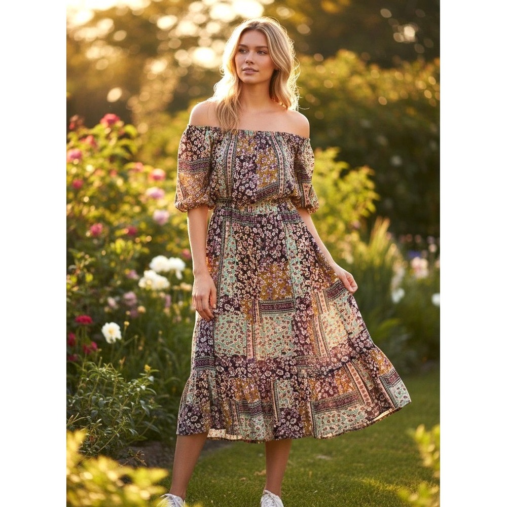 Angie Patchwork Floral‎ Dress Womens Small Multicolor Smocked Puff Sleeve Midi
